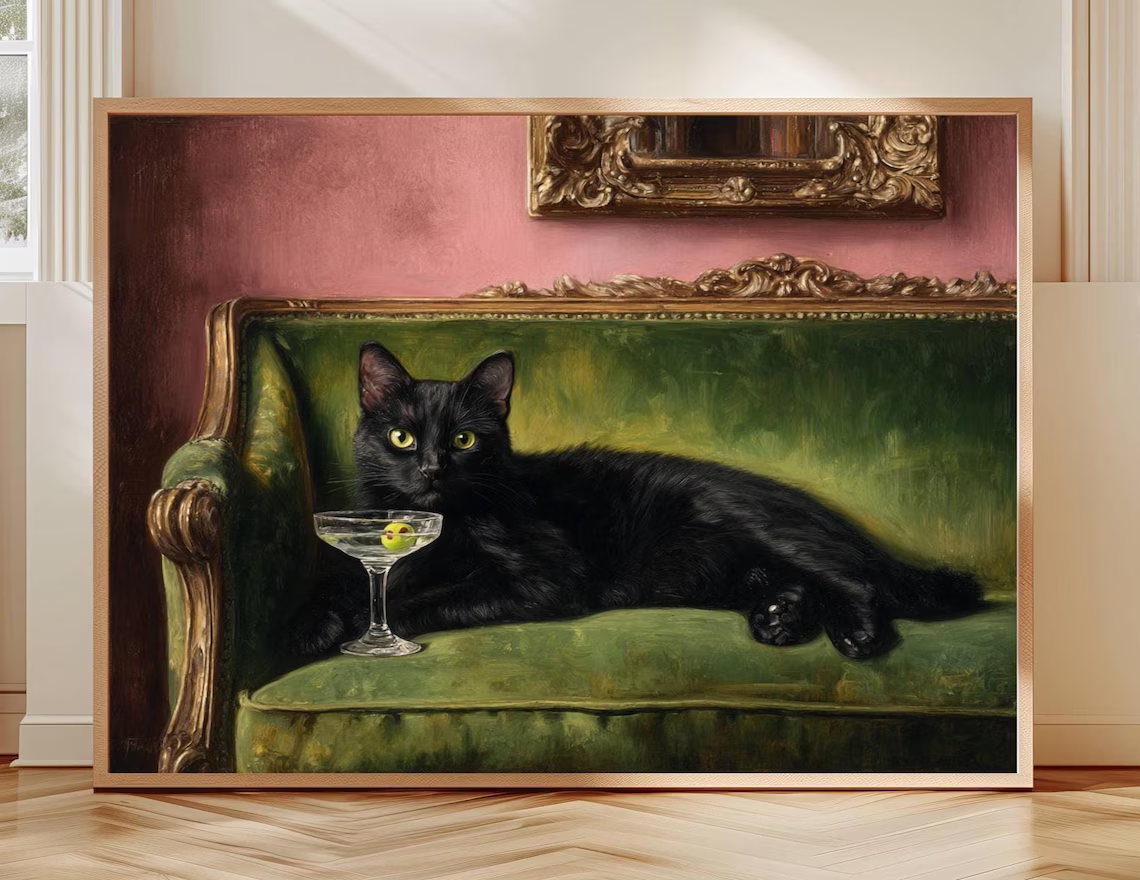 Photography By - Black Cat Martini Oil Painting Print