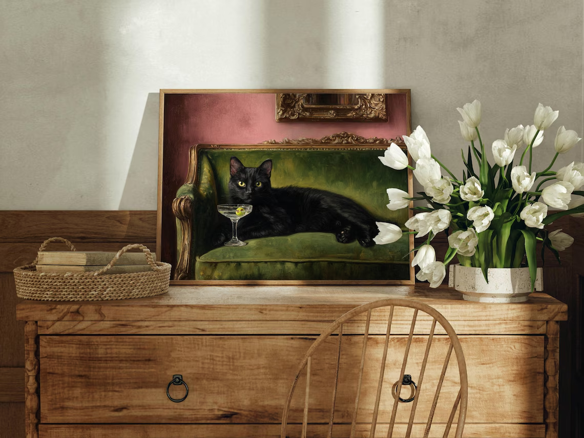Black Cat Martini Oil Painting - Photography By avis et prix